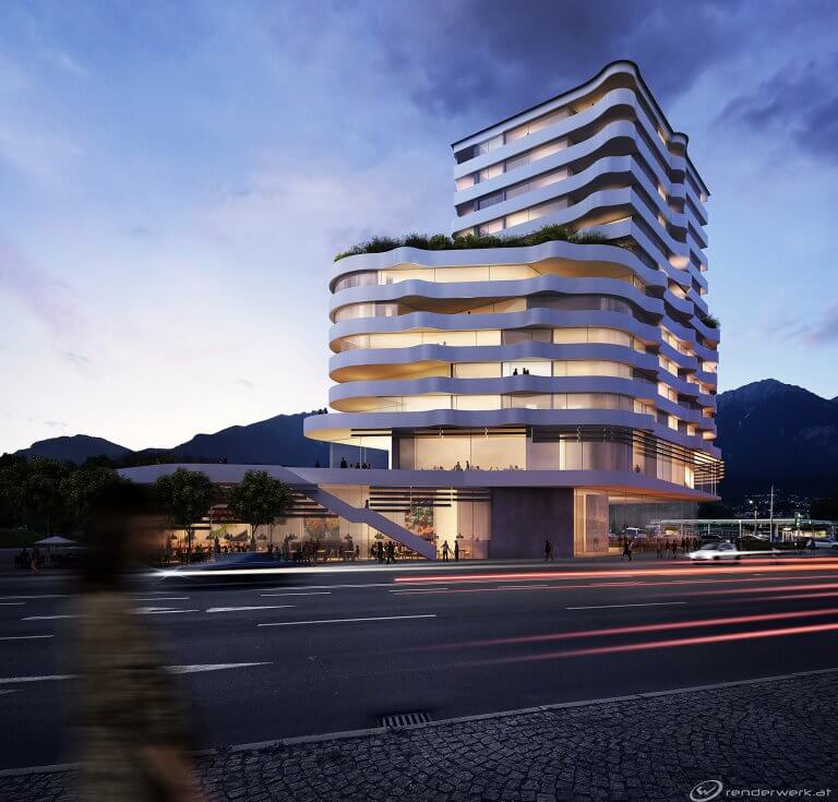 Layers 3D Architektur Visualisierung Turm Innsbruck Abend