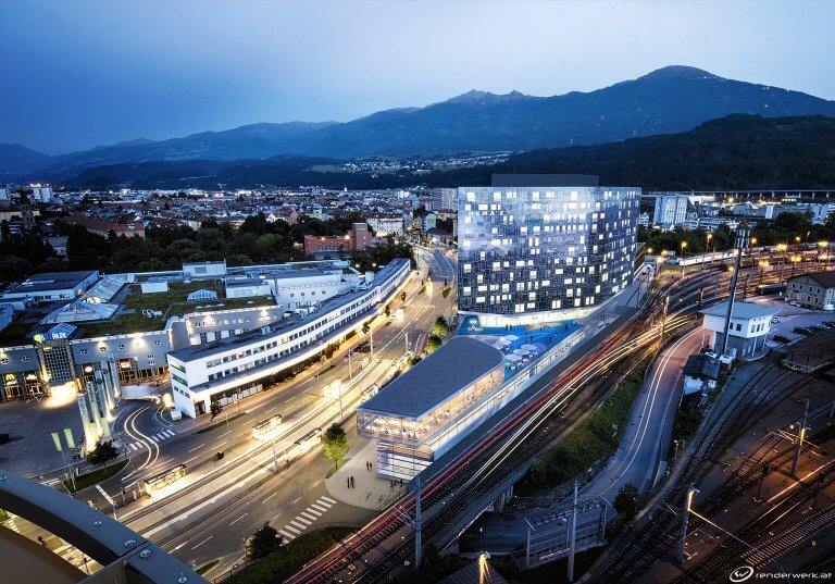 Pema Plateau 3d architektur rendering Innsbruck Bahnhof Turm Abend