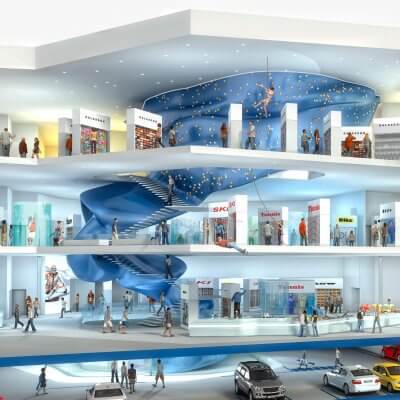 Virtuelles Einkaufszentrum mit verschiedenen Etagen